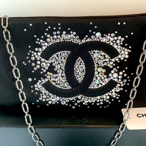 CHANEL 🖤 Rare Diamonte Swarovski Crystal Studded CC Black Satin Silk Chain Bag - Picture 15 of 16